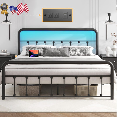 Queen Bed Frame Classic Metal Platform Bed Frame with Charging Station & LED