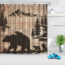 72x72 Inch Rustic Bear Family Shower Curtain Cabin Wildlife 12 Hooks
