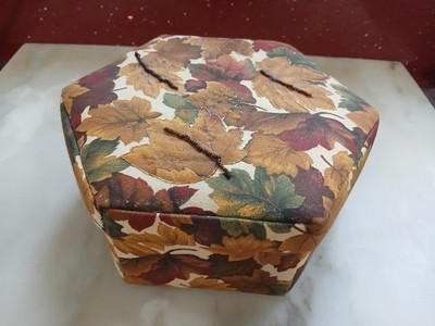 Sechseckiges 8'' Nähkästchen handverziert Herbst Druck Stoff sehr guter Zustand   schön