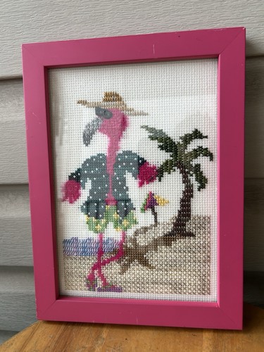 Pink Flamingo Hat Funny Beach Handmade Framed Cross Stitch Needlepoint 11"