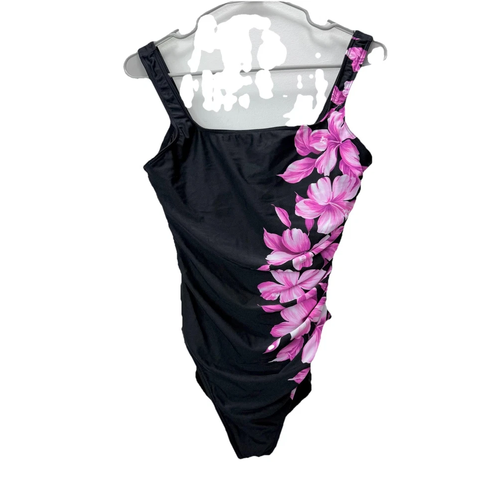 Купальник цельный на косточках Miraclesuit черный розовый с цветочным узором боковой салфеткой размер 12 - Изображение 2 из 4
