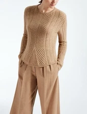 MAX MARA Ronco Cable Knit Camel Hair Wool Blend Sweater Crewneck Beige M