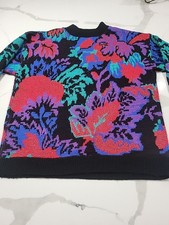 Vintage 80s Rose Abstract Knit Womens Floral Sweater Size L Made In USA!