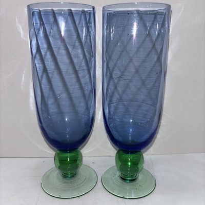 Vintage Ahlens Swedish Hand blown Champagne Glasses. 7  Tall Blue With Green