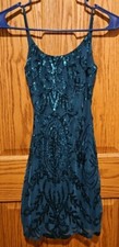 Crystal Doll Dark Green Sequin Dress Sleeveless Open Back With Zipper Size Small