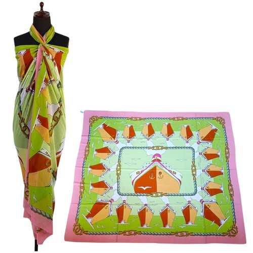 Hermes Ships and sea motifs Cotton 100% Paleo Scarf shawl Pink Green Cleaned - 第 1/23 張圖片