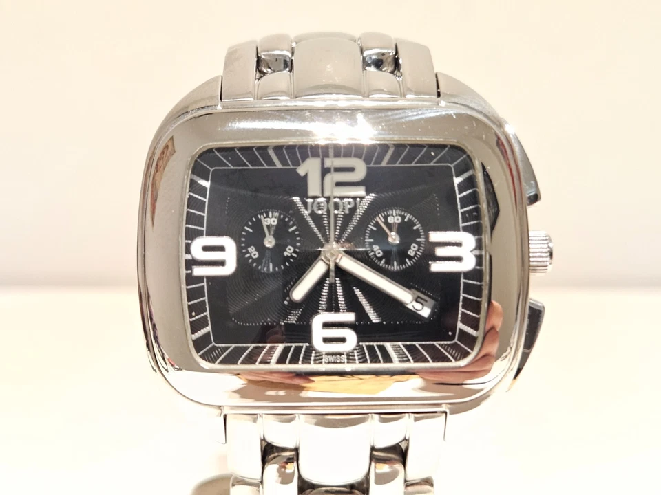 RELOJ RETRO RARO SUIZO GRANDE ACERO INOXIDABLE ESFERA NEGRA HOMBRE CRONÓGRAFO CUARZO "JOOP" 13J Foto 3 de 4