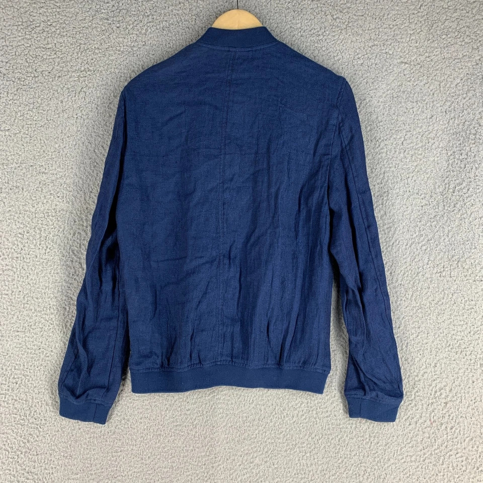 Zara Man Jacket Medium Linen Blue Full Zip Blue Unstructured Bomber Lightweight - Image 3 of 4