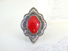 Large Sterling Silver 925 Red Coral Rustic Stamped Ring Size 7.5