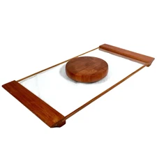 Atapco Siamese Teak Glass Tray Wood Cheese Board Ernest Sohn Vtg