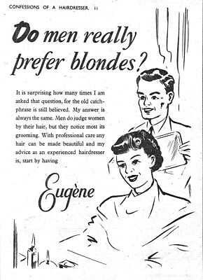 1951 ''Haare von EUGENE'' Werbung - ''Mögen Männer wirklich Blondinen?'' Kleingedruckte Anzeige