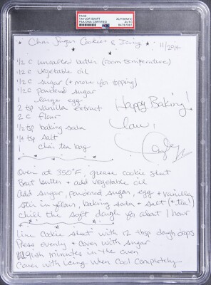 Taylor Swift Chai Sugar Cookie Recipe w/ Auto. PSA Authenticated.