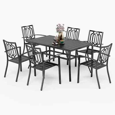 PHI VILLA 7 Piece Metal Outdoor Patio Dining Set with Umbrella Hole for Garden Furniture