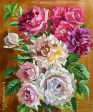 Still life Bouquet Roses Impressionism Original Oil Painting 12 x 10 inch