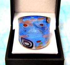 Bohemian style Blue abstract Flower Hand Blown Glass Bling Ring size 9.5