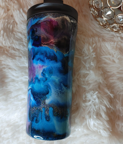 Handcrafted Insulated Mug Purple Teal Silver Glitter Stainless Steel 18oz - Picture 2 of 4