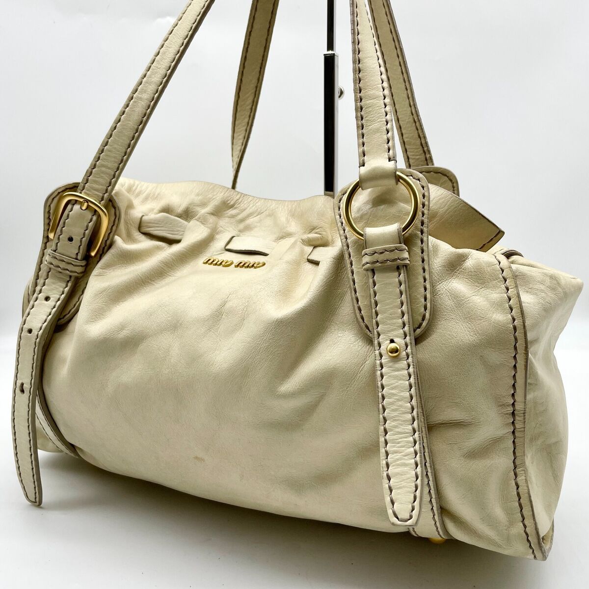 Miu Miu Hand bag Beige Tote Shoulder bag Leather Ribbon Y2K Miu Miu Hand bag Beige Tote Shoulder bag Leather Ribbon Y2K