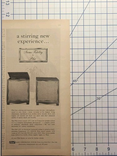 Consola estéreo Pilot Radio Corporation 171 1071 altavoz anuncio impreso vintage 1958 - Imagen 2 de 4
