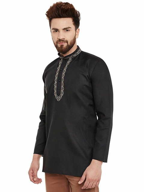 Mens Embroidered Cutwork Cotton Kurta Machine Embroidery Chest 46 Inch L Black For Sale Online Ebay