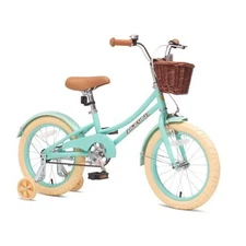  Girls Bike with Basket, Kids Bicycle for 3 Green 14 Inch With Training Wheels