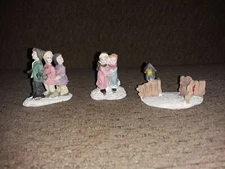 Christmas Village Pieces Set Of 3 Ice Skating Wreath On Fence