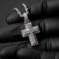 Men's Small White Gold Plated Iced Cz Pointer Hip Hop Cross Pendant Necklace