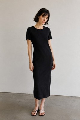 Outlook Black Short Sleeve Textured Crepe Midi Dress Versatile Basic Women's 10