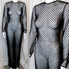 HOUSE OF CB Sheer Black Long Sleeve Bead Mesh Crosshatch Maxi Dress SMALL/MEDIUM