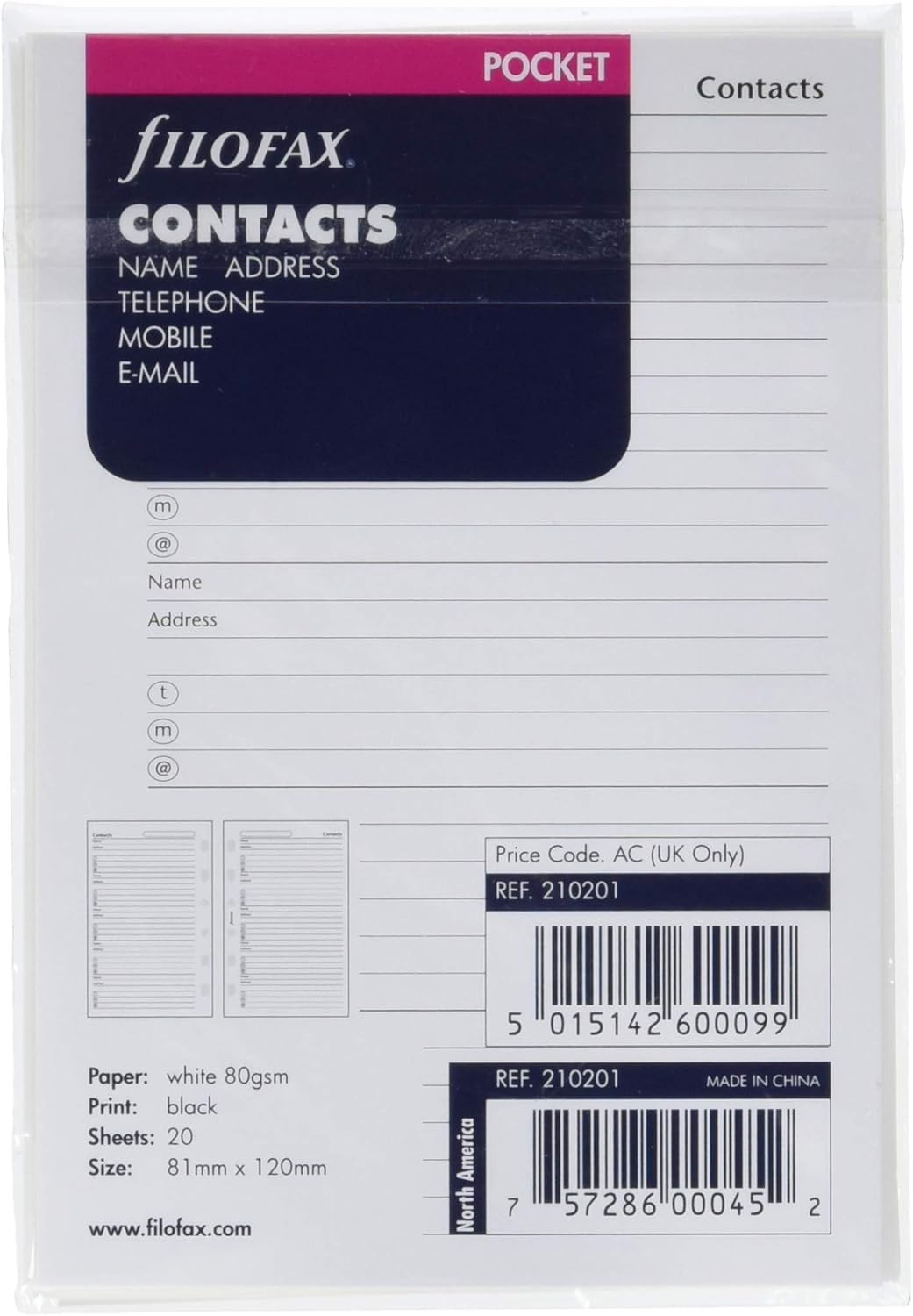 Filofax Pocket Contacts Refill 210201