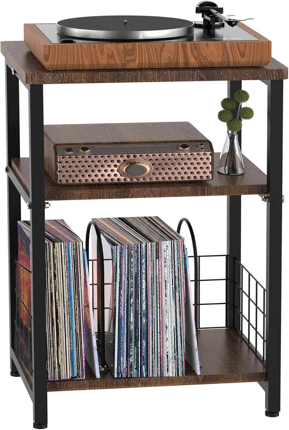 Record Player Stand, 3 Tier Side End Table with Vinyl Record Storage Basket, Tu