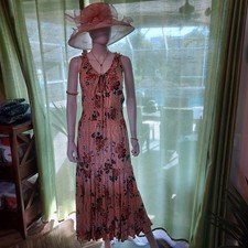 Sky and Sand Peach Floral Sleeveless Midi Dress Ruffle Tie Smocked with Hat.
