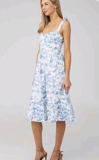 Steve Madden Sophia Rose Floral Eyelet Midi Dress Lined Blue White 4 MSRP 139