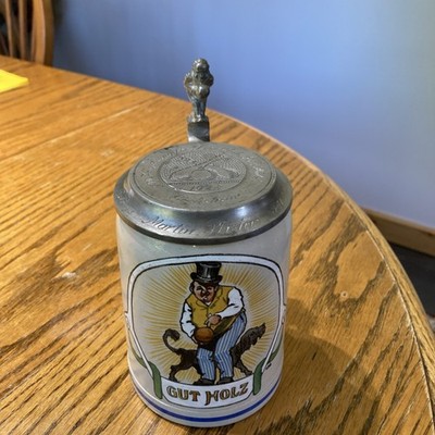 Marzi Remy Antique 1928 Lidded German Stein 126 Gut Holz -Good Luck Bowling Club