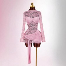 Lady Lace Mini Dress Sheer Bodycon Hollow Out Patchwork Slim Fit Sexy Party Cute