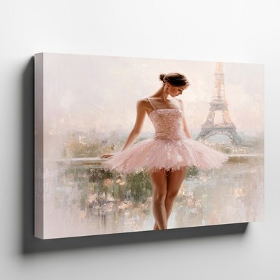 Pink Tutu Ballerina Canvas Wall Art with Eiffel Tower and Paris Cityscape Decor
