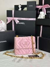 Auth Chanel Pink Satin Diamond Quilt Shoulder Bag Pearl Chain Gold Hardware