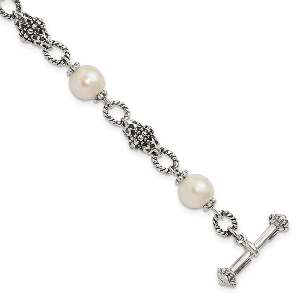 Sterling Silver Antiqued 8-8.5mm Freshwater Cultured Pearl Bracelet 8