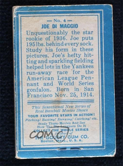 Serie de béisbol 1937 Goudey Thum-Movies R342 cubierta azul Joe DiMaggio #4 Salón de la fama Foto 2 de 2