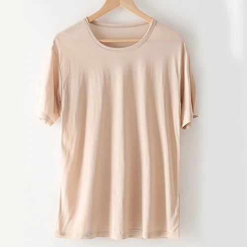 T-shirt uomo 100% seta di gelso girocollo casual maniche corte estiva basic top - Foto 16 di 16