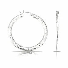 925 Solid Sterling Silver Diamond-Cut Round Hoops Earrings Satin-Finish 38mm