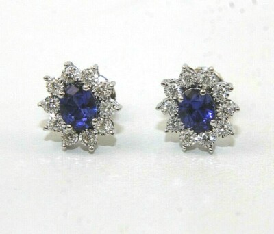 Natural Oval Blue Sapphire & Diamond Halo Stud Earrings 14K White Gold 1.05Ct