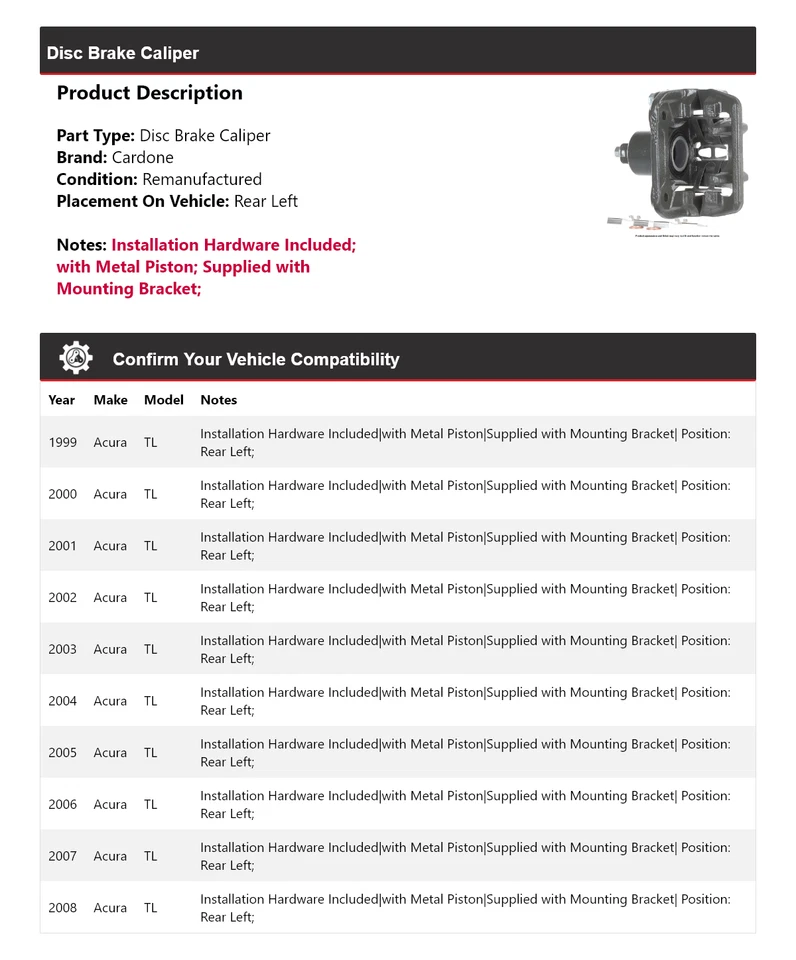 Pinza de freno de disco trasera izquierda Cardone 2000 2001 2002 2003 para Acura TL 1999-2008 Foto 2 de 4