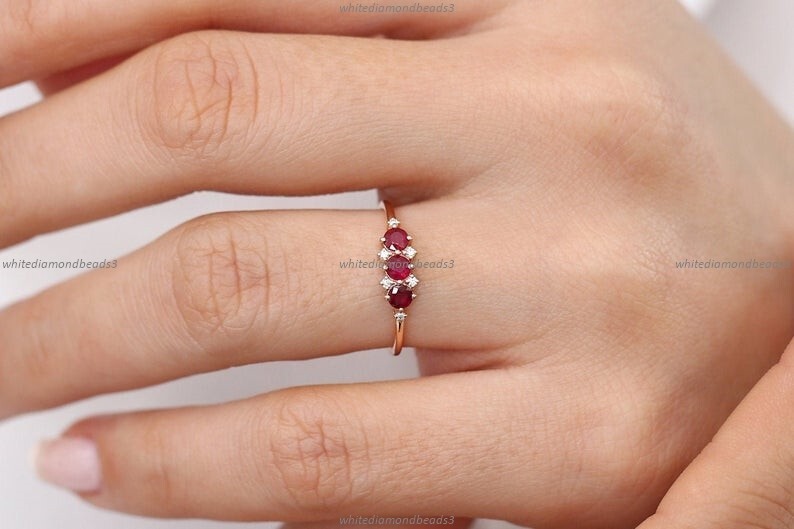 Natural Ruby Diamond Statement Band Anniversary Ring For Girls 14k Yellow Gold