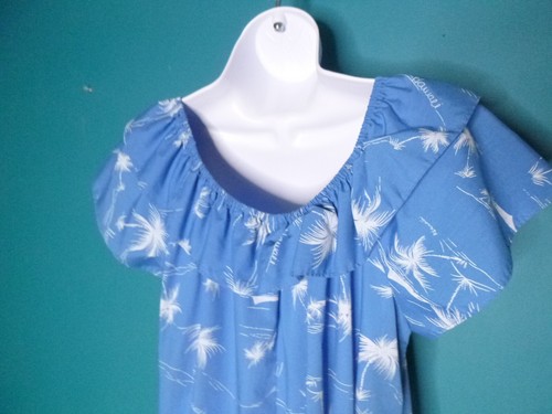 Vtg 80s Hilo Hattie Hawaiian MuuMuu Maxi Dress Blue W/ Palm Treen Sz L - Picture 10 of 13