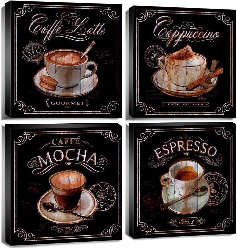 High-Gloss Coffee Canvas Prints - Vintage 4 Piece Wall Art for Dining Spaces