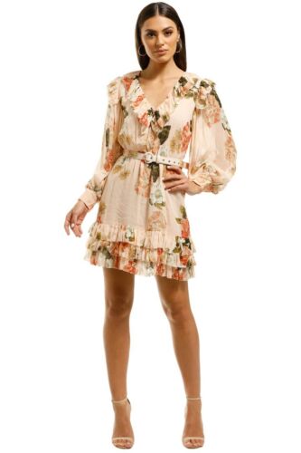 Pre Loved Nicholas Ruffle Mini Dress in Powder Multi Print Size 12 AU - Afbeelding 1 van 7