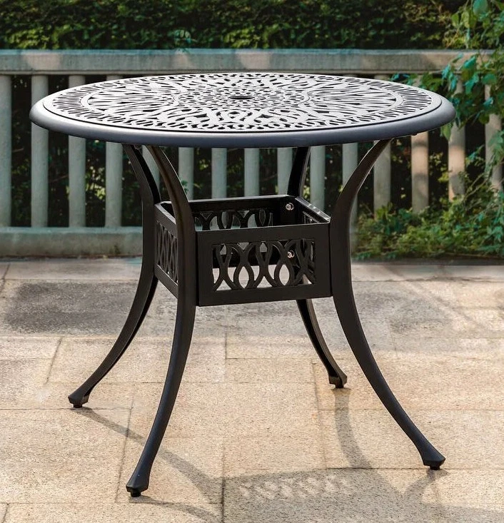 90cm Round Cast Aluminium Floral Carve Outdoor Garden Coffee Table Umbrella Hole