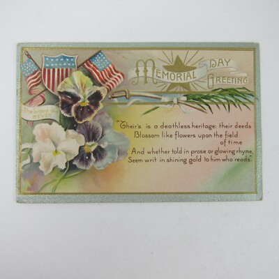 Postcard Memorial Day Flowers & Flags Shield Patriotic Embossed Antique 1909