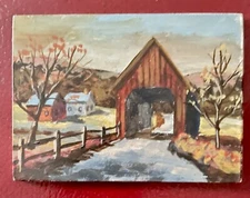 Bridge Oil Painting Miniature Covered Bridge H. Stettler 1982