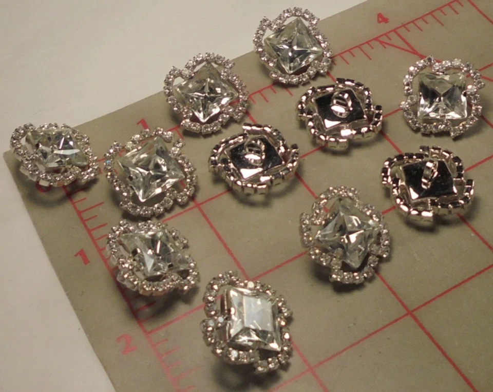 5 Lg Vntage Czech Silver Metal Shank Buttons Square Stone & Tiny Rhinestones 622 - Image 4 of 4